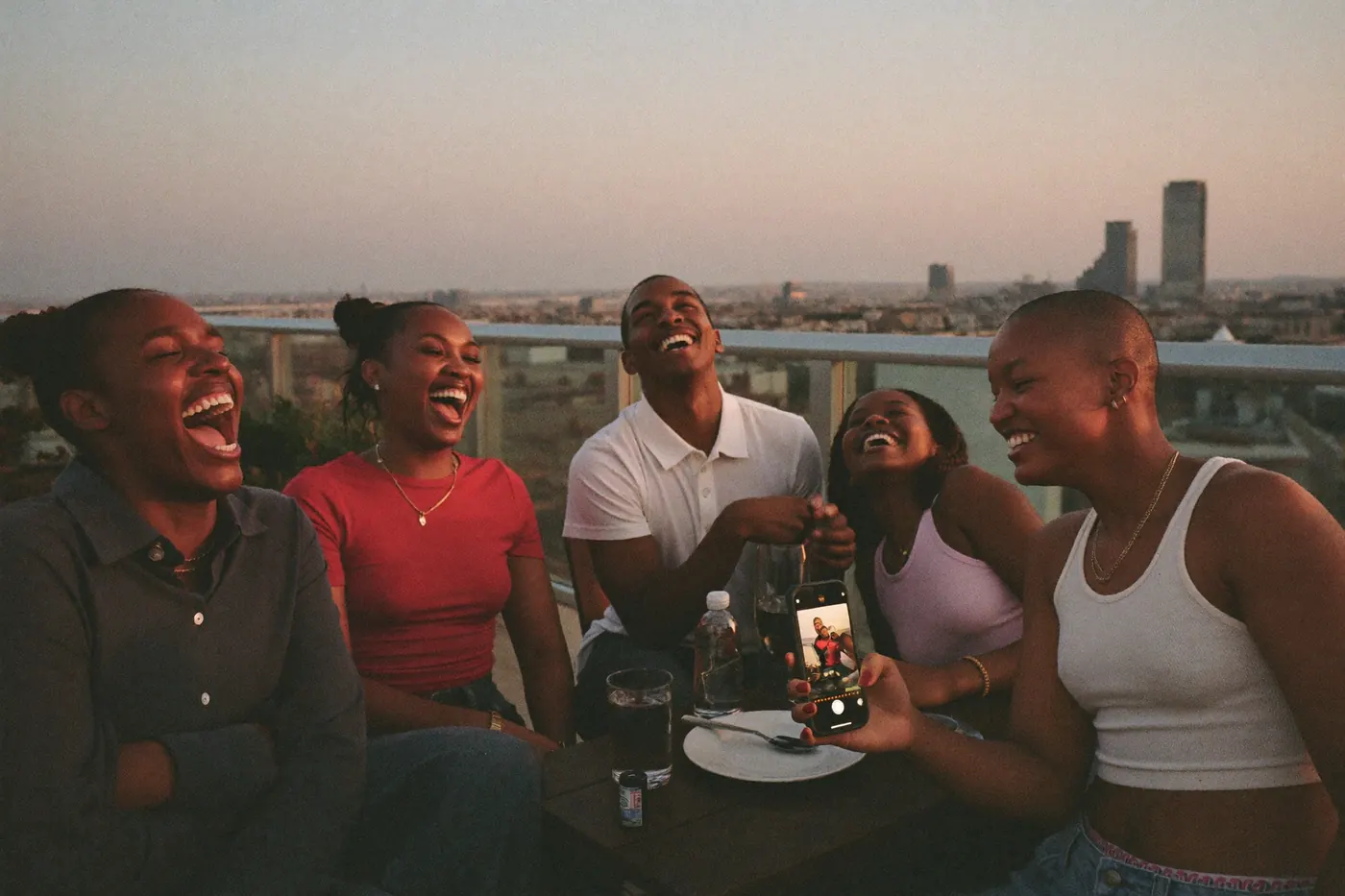 Cinq amis rient ensemble autour d'une table, en terrasse au coucher du soleil.